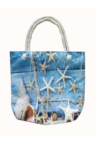 Alkan Homes Deniz Yıldızı Ve Kabuğu Figürlü Astarlı Fermuarlı Dijital Baskılı Çok Amaçlı Çanta