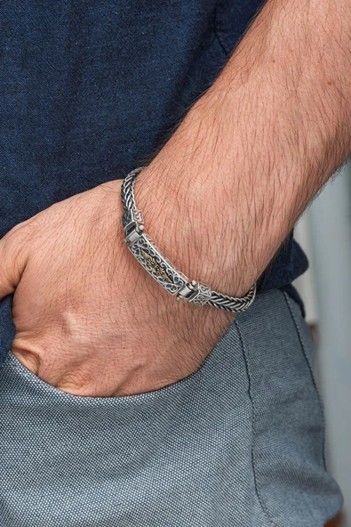 Yeni Tasarım Elişi 925 Ayar Gümüş Erkek Bileklik - 2