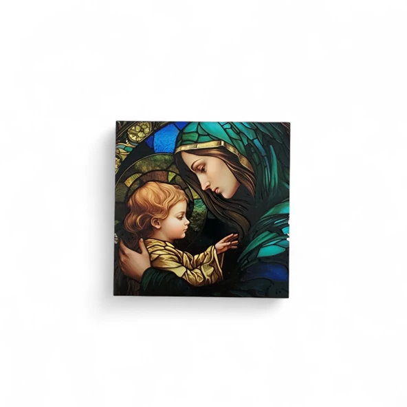 Meryem Ana ve Çocuk İsa Vitray Ahşap Dekor - Resim 2