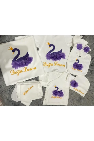 Jaju Baby Mor Kuğu Nakışlı ve İsim İşlemeli Bebek Yeni Doğan Set - 1