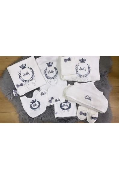 Jaju Baby Taç Fiyonk Nakışlı Ve Isim Işlemeli Bebek Yeni Doğan Set Ve Bornoz Set Takımı - 1