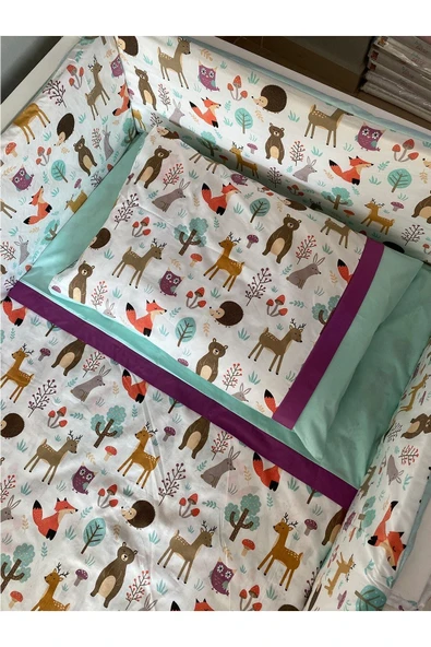 Jaju Baby Sevimli Orman Desenli Ve Yeşil Kombinli 90x190 Bebek Nevresim Takımı Ve Kenar Koruma - 1