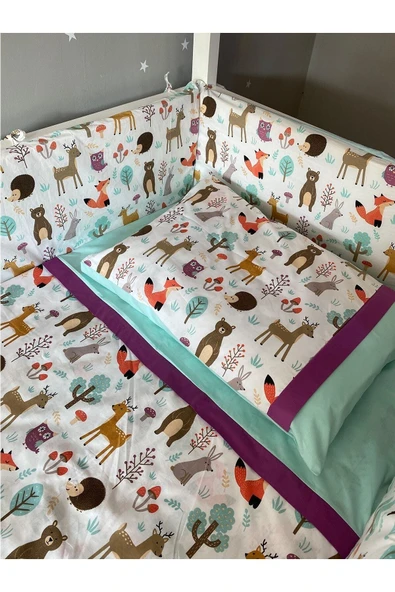 Jaju Baby Sevimli Orman Desenli Ve Yeşil Kombinli 90x190 Bebek Nevresim Takımı Ve Kenar Koruma - 3