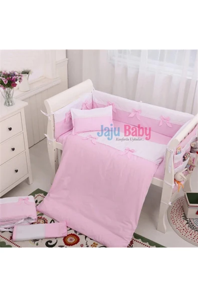 Jaju Baby Pembe Beyaz Montessori/beşik Bebek Nevresim Takımı Ve Kenar Koruma 100x200 - 2