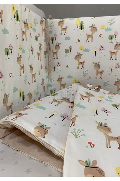 Jaju Baby Geyik Desenli 120x200 Beşik Montessori Kenar Koruma Beşik Bariyer Özel Ölçü - 3
