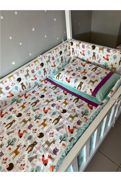 Jaju Baby Sevimli Orman Desenli Ve Yeşil Kombinli 90x190 Bebek Nevresim Takımı Ve Kenar Koruma - 2