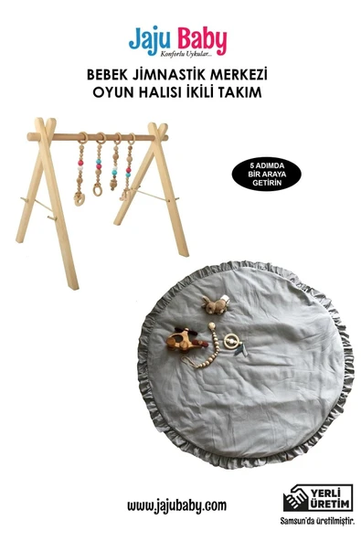 Jaju Baby Ahşap Bebek Jimnastik & Egzersiz & Su Yeşili Oyun Halısı Takım - 4