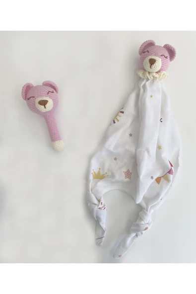 Jaju Baby Amigurumi Pembe Ayıcık Müslin Uyku Arkadaşı Ve Çıngırak Set - 1