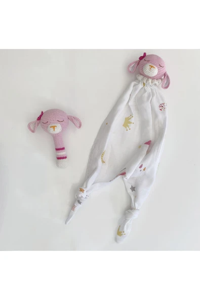 Jaju Baby Amigurumi Pembe Uykucu Ayıcık Müslin Uyku Arkadaşı Ve Çıngırak Set - 1