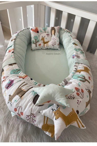 Jaju Baby Babynest Sevimli Orman Lüx Tasarım Organik Pamuk Kumaş Taşınabilir Anne Yanı Baby Nest - 3