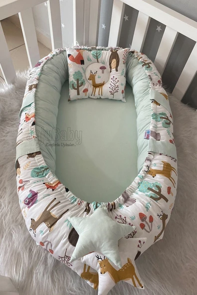 Jaju Baby Babynest Sevimli Orman Lüx Tasarım Organik Pamuk Kumaş Taşınabilir Anne Yanı Baby Nest - 1