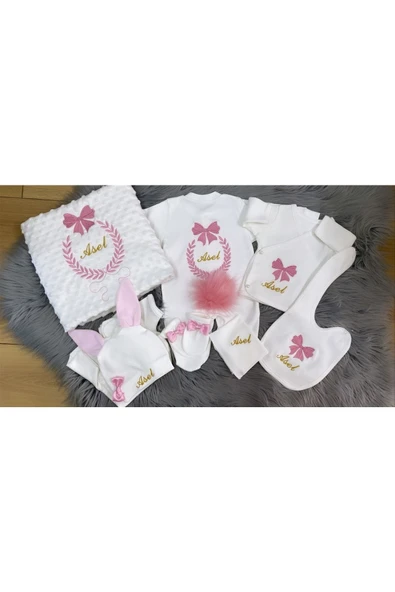 Jaju Baby Pembe Fiyonk Nakışlı Ve Isim Işlemeli Bebek Yeni Doğan Set - 1