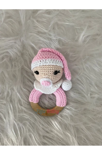 Jaju Baby Amigurumi Pembe Emzikli Bebek Diş Kaşıyıcılı Çıngırak 14 Cm - 1