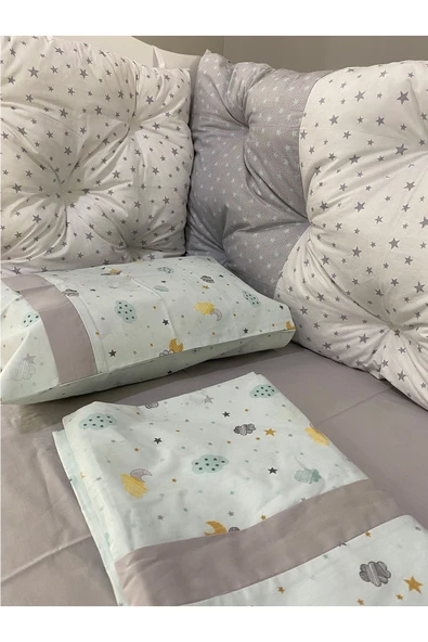 Jaju Baby Gri Yıldızlı Ve Bulut Kombinli 90x190 Montessori/beşik Nevresim Takımı Ve Kenar Koruma - 3