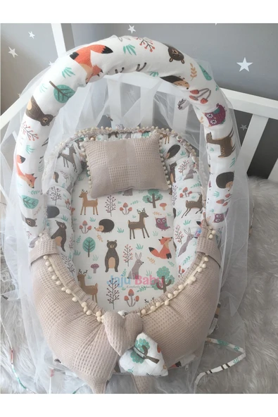 Jaju Baby Nest Waffle Pike Kumaş Ve Orman Müslin Ponponlu Jaju-babynest Oyuncak Aparat Ve Tül Set - 1