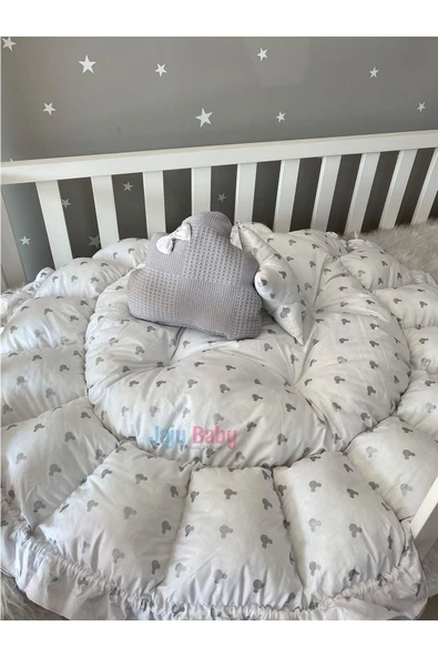 Jaju Baby Gri Pike Ve Micky Tasarım Açılır - Kapanır Oyun Minderi Bebek Yuvası Babynest - 4