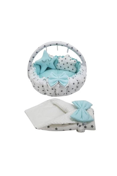 Jaju Baby Gri Yıldız-su Yeşili Tasarım Açılır - Kapanır Babynest Oyun Minderi Cibinlik Aparatlı - 1