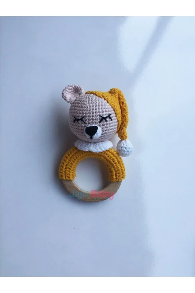 Jaju Baby Amigurumi Sarı Uykucu Ayıcık Diş Kaşıyıcılı Çıngırak 14 Cm - 1