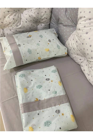 Jaju Baby Gri Yıldızlı Ve Bulut Kombinli 90x190 Montessori/beşik Nevresim Takımı Ve Kenar Koruma - 2