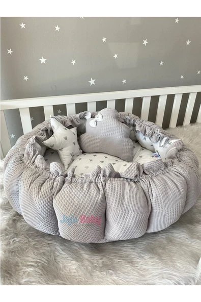Jaju Baby Gri Pike Ve Micky Tasarım Açılır - Kapanır Oyun Minderi Bebek Yuvası Babynest - 1