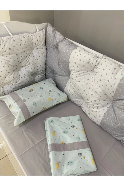 Jaju Baby Gri Yıldızlı Ve Bulut Kombinli 90x190 Montessori/beşik Nevresim Takımı Ve Kenar Koruma - 1