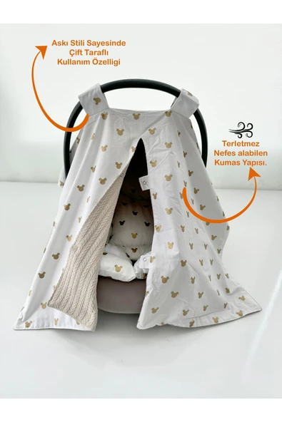 Jaju Baby Çift Taraflı Puset Örtüsü ve Puset Minderi Gold Micky Kahve Örgü Kumaş - 2