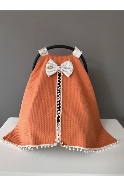 Jaju Baby Kiremit Pike Kumaş Dağ Desenli Ponponlu Puset Örtüsü ve Çarşafı - 3