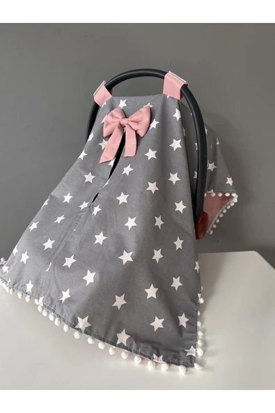 Jaju Baby Gri Yıldız Desenli Pamuk Organik Kumaş Ponponlu Puset Örtüsü