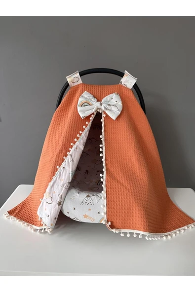 Jaju Baby Kiremit Pike Kumaş Dağ Desenli Ponponlu Puset Örtüsü ve Çarşafı