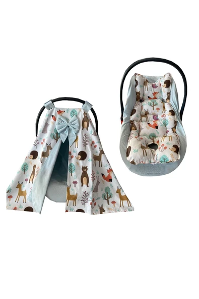 Jaju Baby Sevimli Orman Tasarım Puset Örtüsü Çarşaf Ve Puset Minderi 3'lü Set