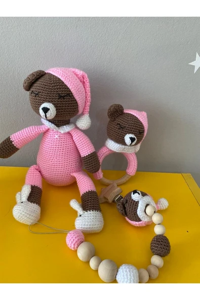 Jaju Baby Amigurumi Uykucu Ayıcık 22 Cm Çıngırak Ve Emzik Zinciri Üçlü Set - 1