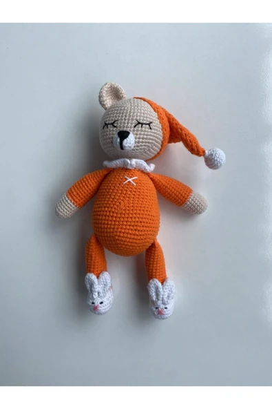 Jaju Baby Amigurumi Turuncu Uykucu Ayıcık 22 Cm Çıngırak Ve Emzik Zinciri Üçlü Set - 2