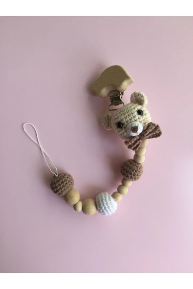 Jaju Baby Kahverengi Ayıcık Set Amigurumi Oyuncak 22 Cm Çıngırak Ve Emzik Zinciri Üçlü Set - 4
