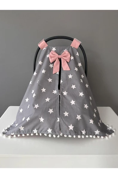 Jaju Baby Gri Yıldız Ponponlu Tasarım Puset Örtüsü ve Puset Minderi - 3