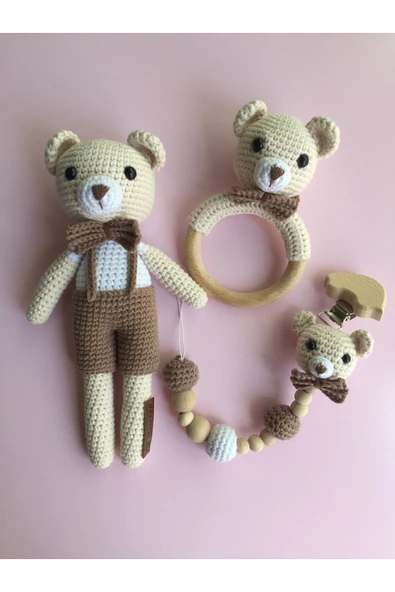Jaju Baby Kahverengi Ayıcık Set Amigurumi Oyuncak 22 Cm Çıngırak Ve Emzik Zinciri Üçlü Set - 1