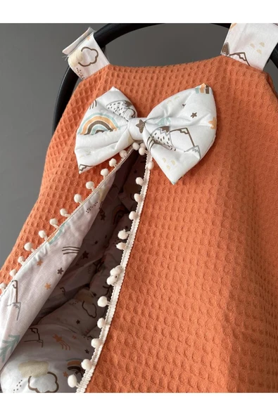 Jaju Baby Kiremit Pike Kumaş Dağ Desenli Ponponlu Puset Örtüsü ve Çarşafı - 2