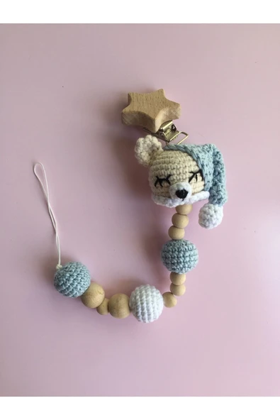 Jaju Baby Amigurumi Bebe Mavisi Uykucu Ayıcık 22 Cm Çıngırak Ve Emzik Zinciri Üçlü Set - 4