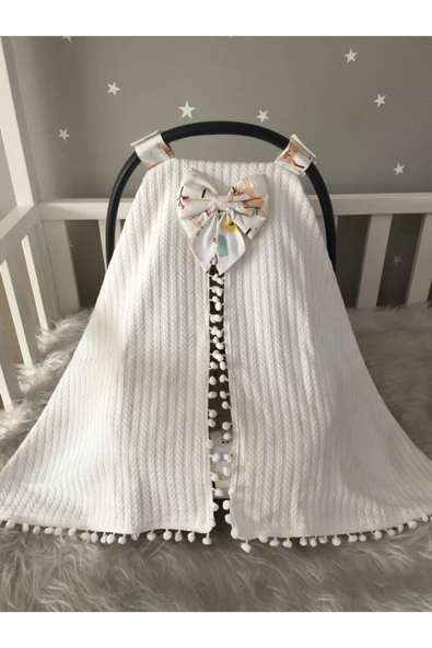 Jaju Baby Beyaz Örgü Ve Ceylan Tasarım Ponponlu Puset Örtüsü Ve Çarşafı - 2