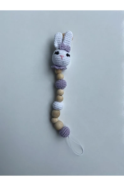 Jaju Baby Amigurumi Mor Tavşan 29 Cm Çıngırak Ve Emzik Zinciri Üçlü Set - 4