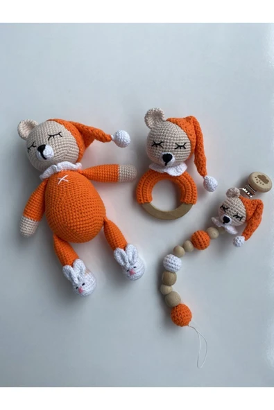 Jaju Baby Amigurumi Turuncu Uykucu Ayıcık 22 Cm Çıngırak Ve Emzik Zinciri Üçlü Set - 1