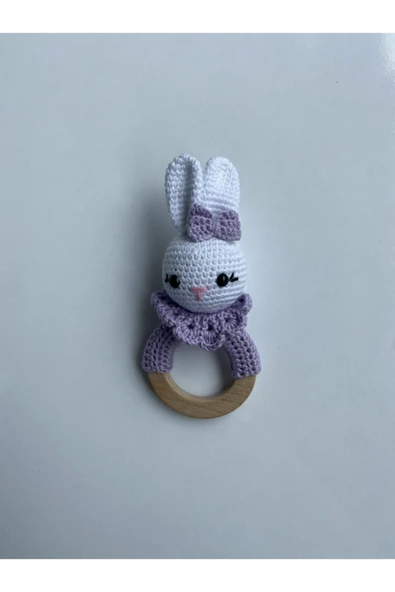 Jaju Baby Amigurumi Mor Tavşan 29 Cm Çıngırak Ve Emzik Zinciri Üçlü Set - 3