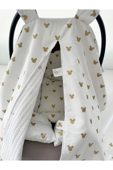 Jaju Baby Çift Taraflı Puset Örtüsü ve Puset Minderi Gold Micky Örgü Kumaş - 5