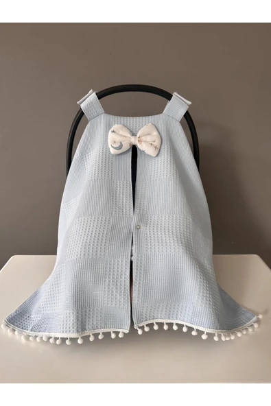 Jaju Baby Mavi Waffle Pike ve Müslin Tasarım Ponponlu Puset Örtüsü - 3