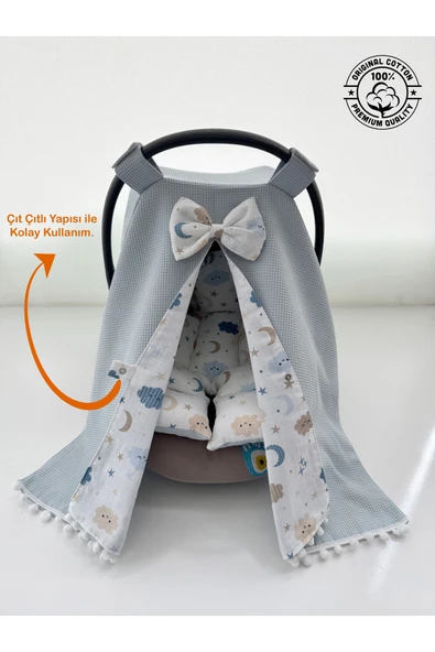 Jaju Baby Mavi Waffle Kumaş Organik Puset Örtüsü ve Minderi