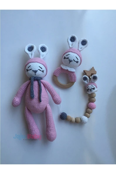 Jaju Baby Amigurumi Kırmızı Ayıcık 29 Cm Çıngırak Ve Emzik Zinciri Üçlü Set - 3