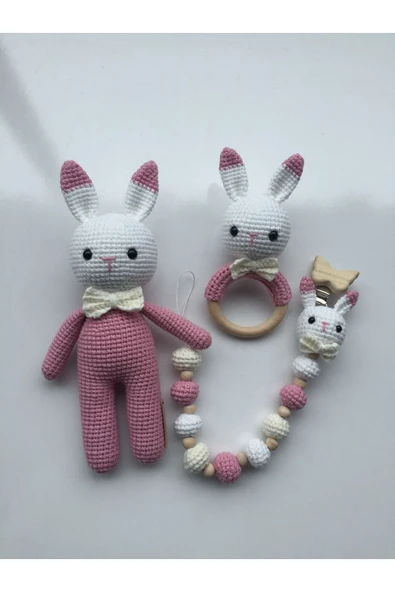 Jaju Baby Amigurumi Pembe Papyonlu Tavşan 29 Cm Çıngırak Ve Emzik Zinciri Üçlü Set - 1