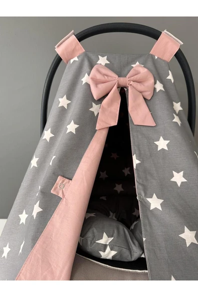 Jaju Baby Gri Yıldız Ponponlu Tasarım Puset Örtüsü ve Puset Minderi - 2
