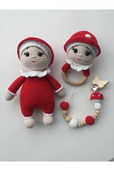 Jaju Baby Amigurumi Mantar 24 cm Çıngırak ve Emzik Zinciri Üçlü Set - 1