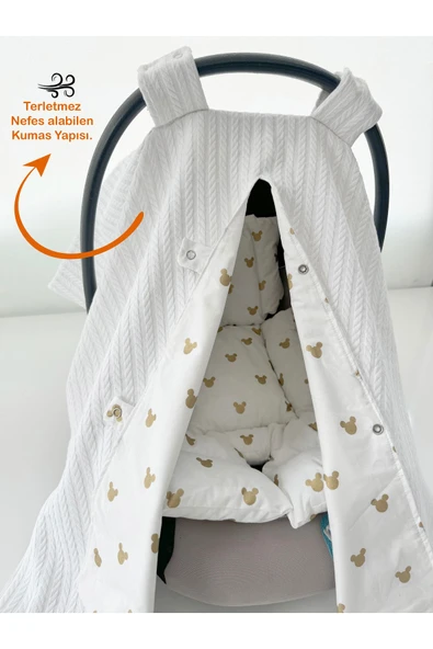 Jaju Baby Çift Taraflı Puset Örtüsü ve Puset Minderi Gold Micky Örgü Kumaş - 2