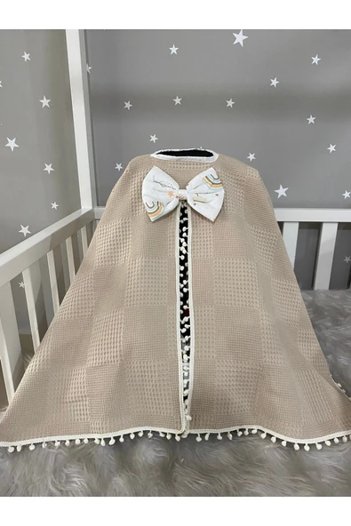 Jaju Baby Kahve Waffle Pike Ve Dağ Desen Tasarım Ponponlu Panço Model Puset Örtüsü Ve Çarşafı - 2